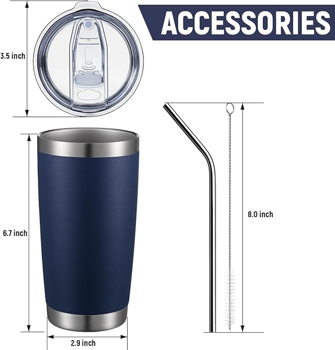 COMOOO 20oz Stainless Steel Tumbler Bulk with Lid and Straw Insulated Coffee Tumbler Cup Double Wall Vacuum Travel Mug for Cold Drinks and Hot Beverage (Navy,6 Pack)