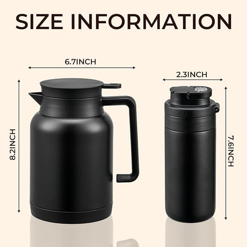 2 Pack 49oz Thermal Coffee Carafe and 15oz Insulated Water Bottle, Stainless Steel Vacuum Thermal Carafes and Water Bottle for Keeping Coffee, Tea, Water - Keep 12 Hours Hot, 24 Hours Cold
