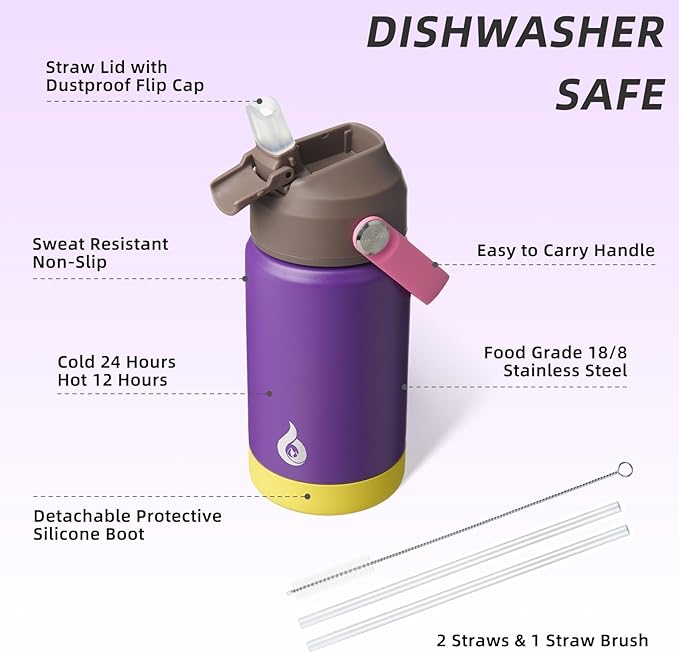 BJPKPK Insulated Water Bottle with Straw Lid, 12oz Thermos Water Bottles with Soft Nozzle, Flex Handle & Non-slip Boot, BPA Free Leak Proof Stainless Steel Metal Thermos, Tumblers, Cups,Violet