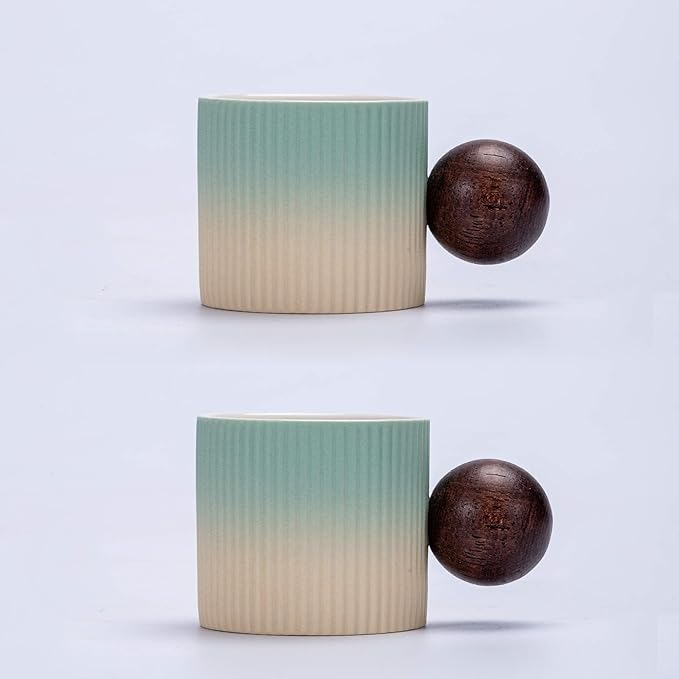 Ceramic Mini Espresso Cups Demitasse Cups with Round Wooden Handle Vertical Stripes Tea Cups (Beige&Green, 2pcs)