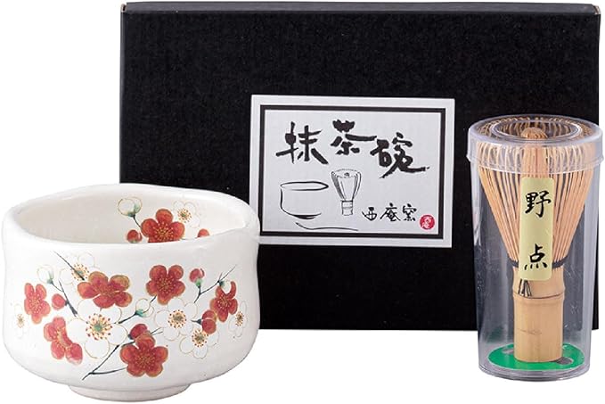 Japanese Traditional Mino Ware Handcrafted Mini Matcha Chawan Tea Bowl Cup Set With Chasen Bamboo Tea Whisk Ceremony Tableware Pottery (Kohiki Ume)