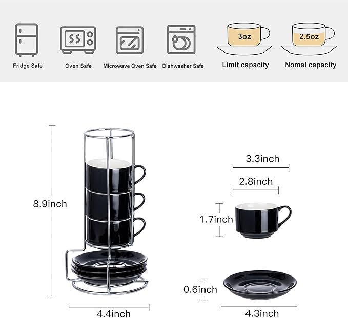 2.5 Ounce Porcelain Espresso Cups with Saucers and Silver Stand, Black Stackable Cups Set of 4