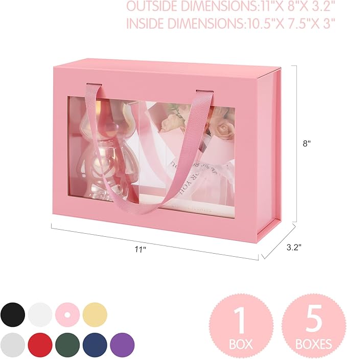 Pink Gift Box with Window, Clear Magnetic Gift Box with Handle for Present, Bridesmaid Proposal Box (10.5x7.5x3 Inches