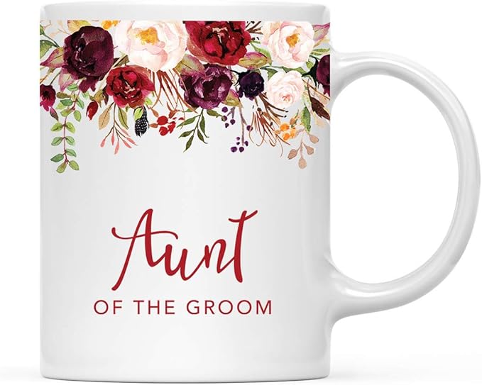 Andaz Press 11oz. Wedding Ceramic Coffee Tea Mug Gift, Fall Autumn Marsala Burgundy Flowers Roses Florals, Aunt of the Groom, 1-Pack, Includes Gift Box