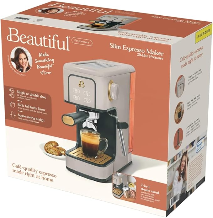 Beautiful Slim Espresso Maker by Drew Barrymore – 20‑Bar Pressure, Dual‑Spout 52 mm Portafilter, 50 oz Removable Tank, 2‑in‑1 Steam Wand & Touch Controls (Porcini Taupe)
