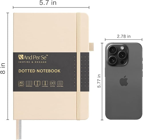 &And Per Se Dotted Journal Notebook, A5 Hardcover Leather Bullet Dotted Journal, 160 Pages 100 gsm Thick Dotted Paper，3 Stickers Included for Women Men, Work Office or School - 5.7'' x 8.3'' (Light