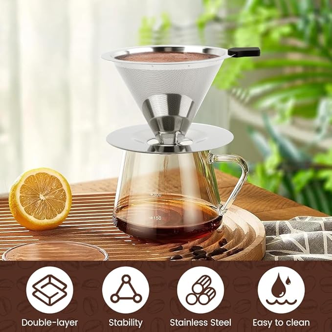 Pour Over Coffee Dripper with Cleaning Brush, Stainless Steel Cone Coffee Filter Fine Mesh Double Layer, Paperless Reusable Coffee Filter, Drip Cone Brew Coffee Strainer(SIZE:Small)
