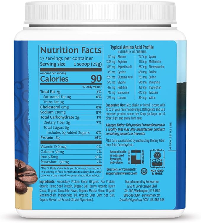 Sunwarrior Organic Plant Based Protein Powder | Vegan Organic Protein Powder Mocha Flavored with BCAA Amino Acids & Hemp Seed Pea Blend | Non-GMO Soy Dairy Filler & Gluten Free (Mocha, 15 Servings)
