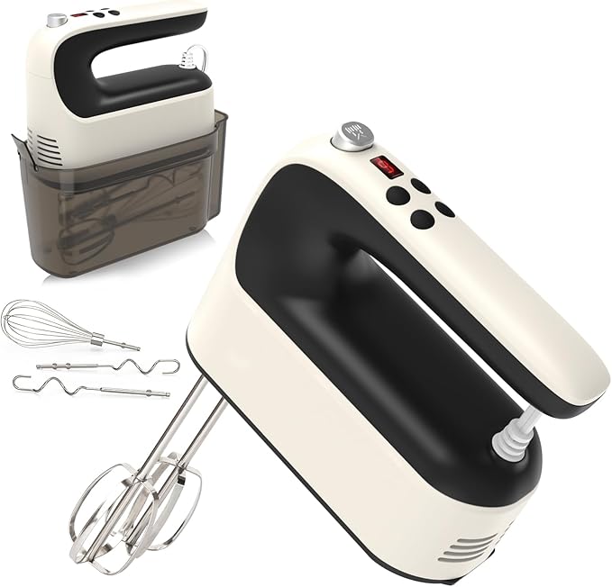 9-Speed Digital Hand Mixer Electric, 400W Powerful DC Motor, Baking Mixer Handheld with Snap-On Storage Case, 5 Stainless Steel Accessories, Flat Beaters, Dough Hooks, Whisk (Creamy&Black)