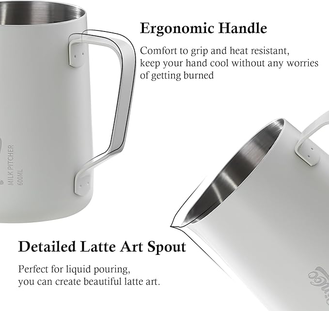 Milk Frothing Pitcher - 600ml/20oz Milk Frother Cup Espresso Steaming Pitcher for Barista, Bincoo SUS304 Stainless Steel Espresso Steaming Pitchers for Latte Art/Cappuccino/Coffee/Milk (White-600ml)