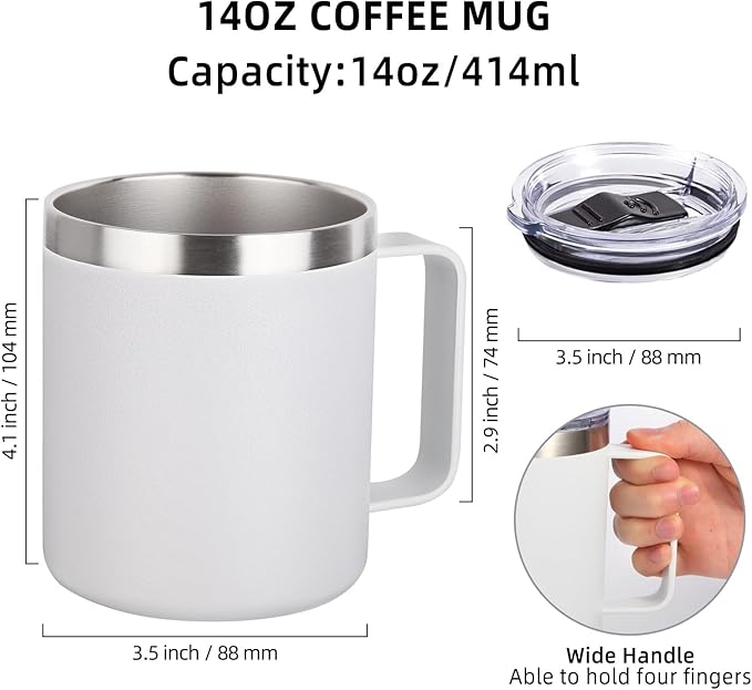 Volhoply 14oz Insulated Stainless Steel Coffee Mug with Lid Bulk 8 Pack,Not Suitable for Sublimation,Double Wall Vacuum Travel Coffee Cup with Handle, Reusable Metal Camping Mugs Keep Cold(White,8)