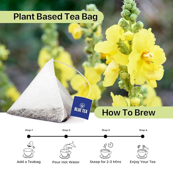 BLUE TEA - Mullein Tea - 50 Count - Pyramid Plant Based Tea Bag | Lungs Detox & for Respiratory Support | Herbal Tea - Caffeine Free - Leaf Based - Non-Bitter | Ziplock Pack