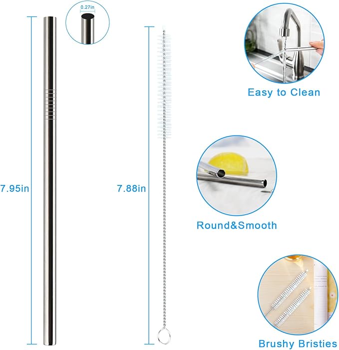 Metal Straws Reusable for Stanley Iceflow Flip 30oz Tumbler,6 Pack Replacement Stainless Steel Straws with 2PCS Straw Cleaner Brush for Stanley Accessories (Stainless Steel, for Stanley Iceflow 30oz)