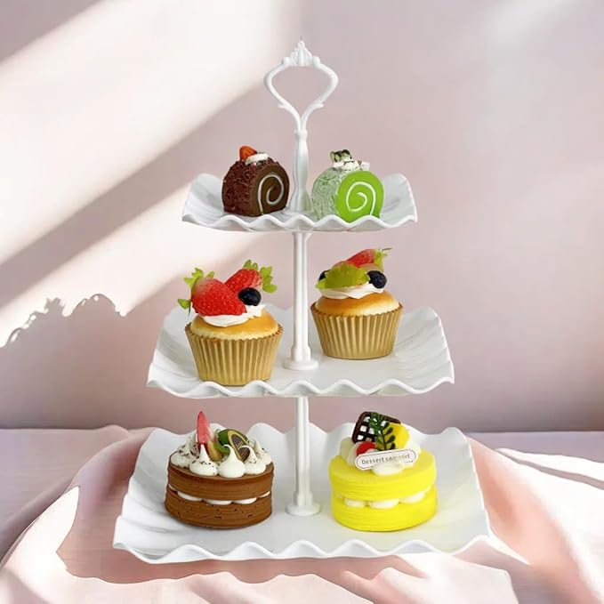 2 Set of 3-Tier Plastic Cupcake Stand Dessert Plates Mini Cakes Fruit Candy Display Tower White for Birthday Tea Party Baby Shower Serving Tray