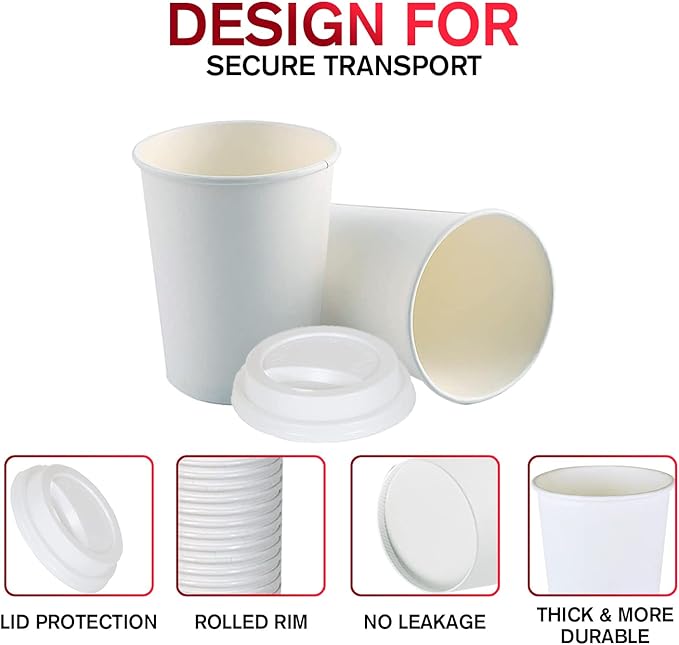 Smygoods White Disposable Paper Coffee Cups with Lids (8 OZ, 100 Count) For Hot Beverages, Tea, Espresso, Cocoa - To Go Drink Containers, Café & Office