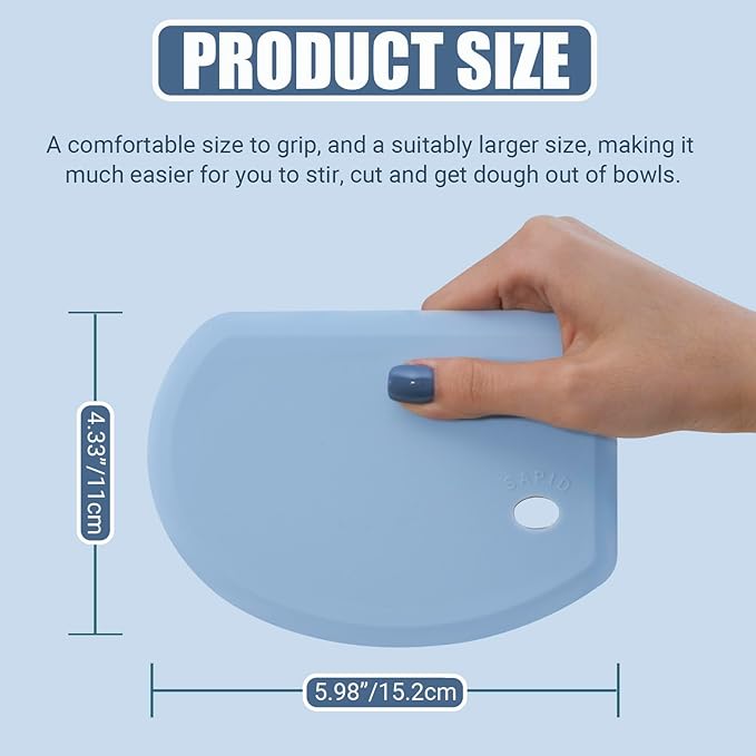 Silicone Dough Scraper with Stainless Steel Sheet, Curved Edge Flexible Bowl Scraper for Baking, Food Grade Silicone Bench Scraper for Sourdough Bread Proofing Basket, 5.98" × 4.3", Blue, SAPID