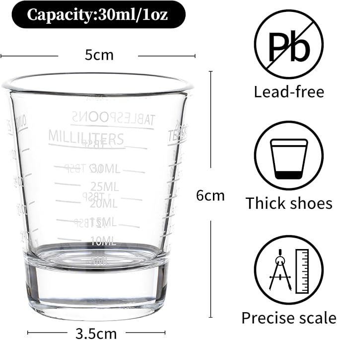 Shot Glasses Measuring cup Espresso Shot Glass Liquid Heavy Glass Wine Glass 2 Pack 26-Incremental Measurement 1oz, 6 Tsp, 2 Tbs, 30ml By BCnmviku (2pack-White)