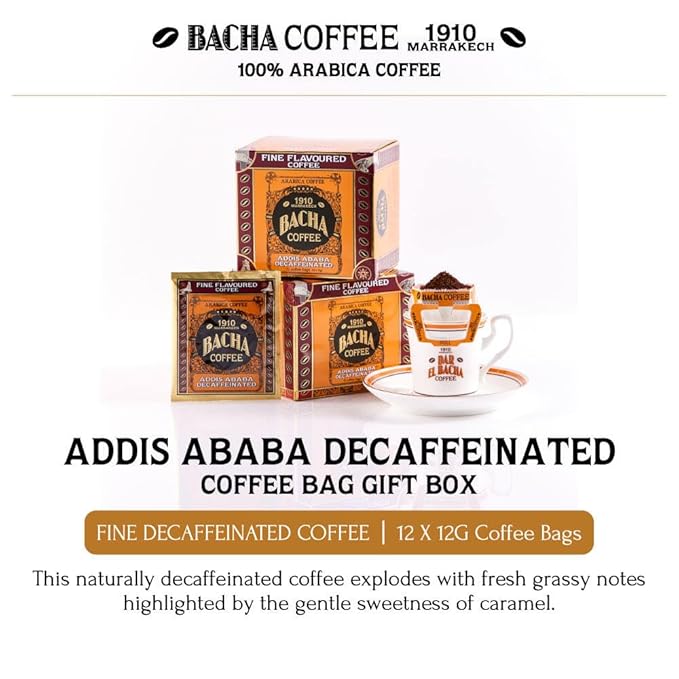 Bacha Coffee | Addis Ababa Decaf Fine Flavoured, Medium Roast, 100% Arabica Specialty Coffee, 12 Coffee Drip Bags, Gift Box