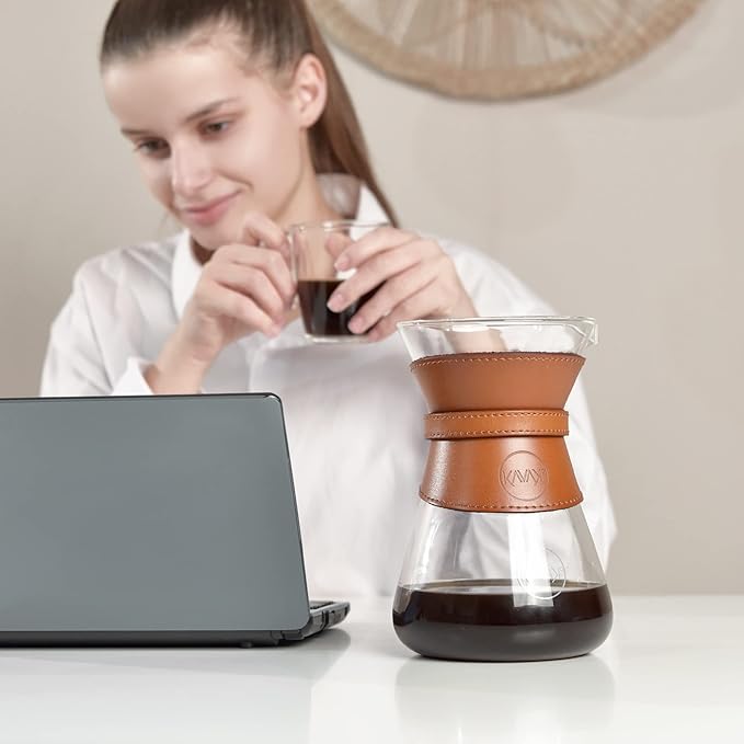 Pour Over Coffee Maker Set with Double-Layer Stainless Steel Filter, Coffee Dripper, Cork Lid and Leather Collar Holder - High Heat Resistance Borosilicate Glass Carafe, Great Gift Idea (37 oz)