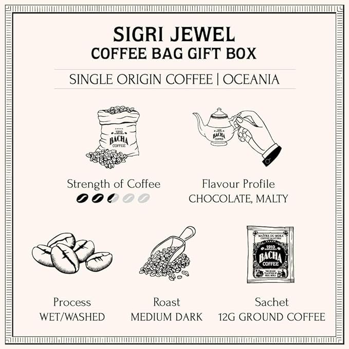 Bacha Coffee | Sigri Jewel Papua New Guinea Single Origin Arabica, 100% Arabica Specialty Coffee, 12 Coffee Drip Bags, Gift Box