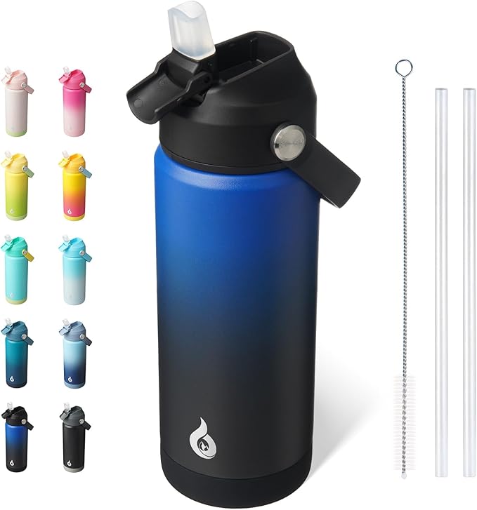 BJPKPK Insulated Water Bottle with Straw Lid, 18oz Thermos Water Bottles, Flex Handle & Non-slip Boot, BPA Free Leak Proof Stainless Steel Metal Thermos, Tumblers, Cups,Black Blue