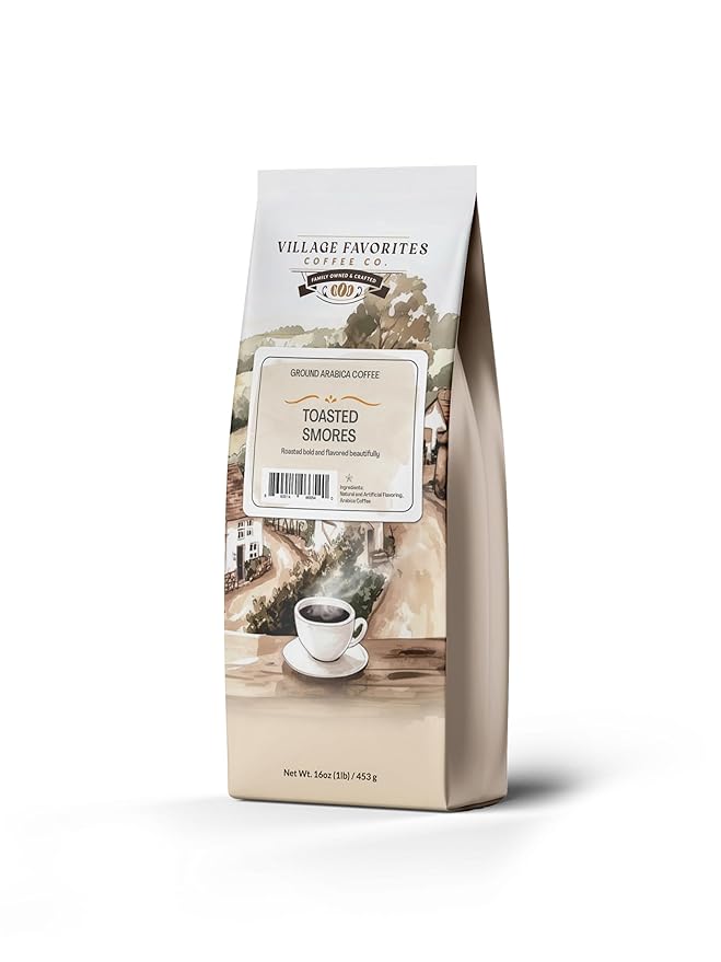 Village Favorites Flavored Coffee – Low Acid, Mold-Free, 100% Arabica, Slow Roasted Medium Roast, Smooth & Stomach Friendly, Ground, 1LB Bag (16oz)- Kosher (16oz, Toasted S’mores)