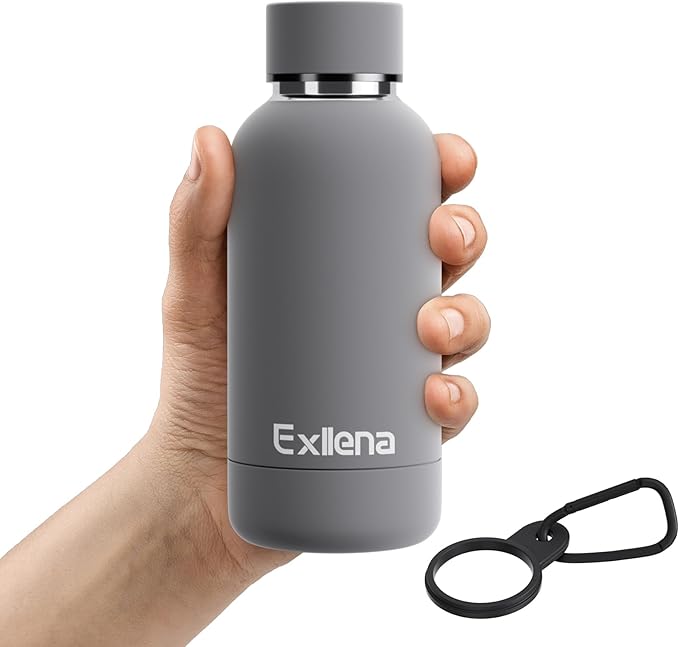 Small Water Bottle 12oz with Clip, Double Wall Stainless Steel Vacuum Small Insulated Water Bottle Keeps Drinks Cold 24 Hrs/Hot 12 Hrs for Kids Handbag School BPA Free (Grey)