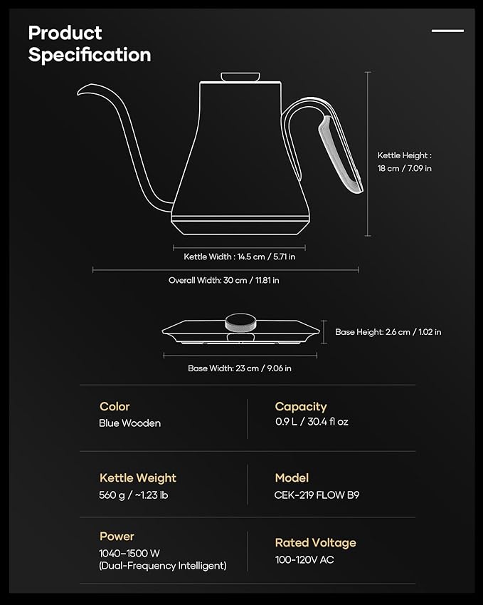 Cocinare FLOW B9 Gooseneck Electric Kettle, Precise Temperature Control for Pour-Over Coffee & Tea Brewing, Stainless Steel Interior, Rapid Heating for Boiling Water 1500W/0.9L (Blue Wooden)