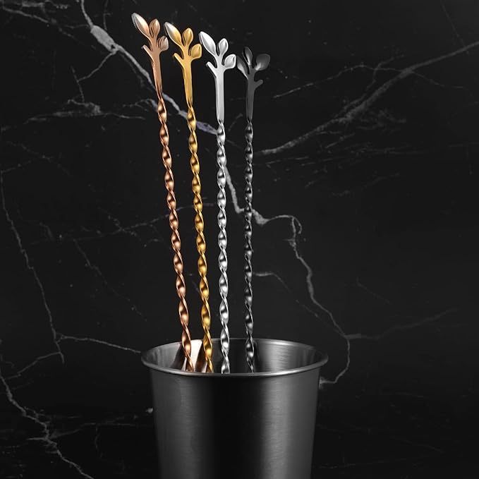 AnSaw Gold 12-Inch Stainless Steel Cocktail Spoon with Leaf Handle - Perfect for Mixing & Layering Drinks in Tall Cups, Bar & Shakers - Durable Long Handle Bar Stirrer,2-Pieces