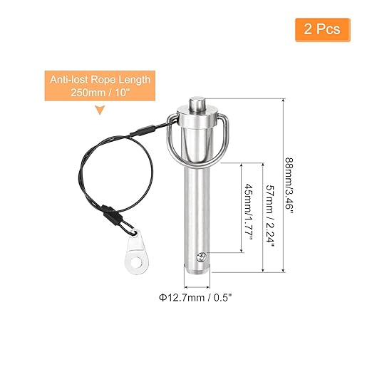 uxcell 2 Pcs Quick Release Pin, 1/2" x 1.77"(Dia. x L) Push-Button Ball Locking Pin 304 Stainless Steel Ring Handle Locking Pin with Wire for Audio Bimini Top Marine, Silver