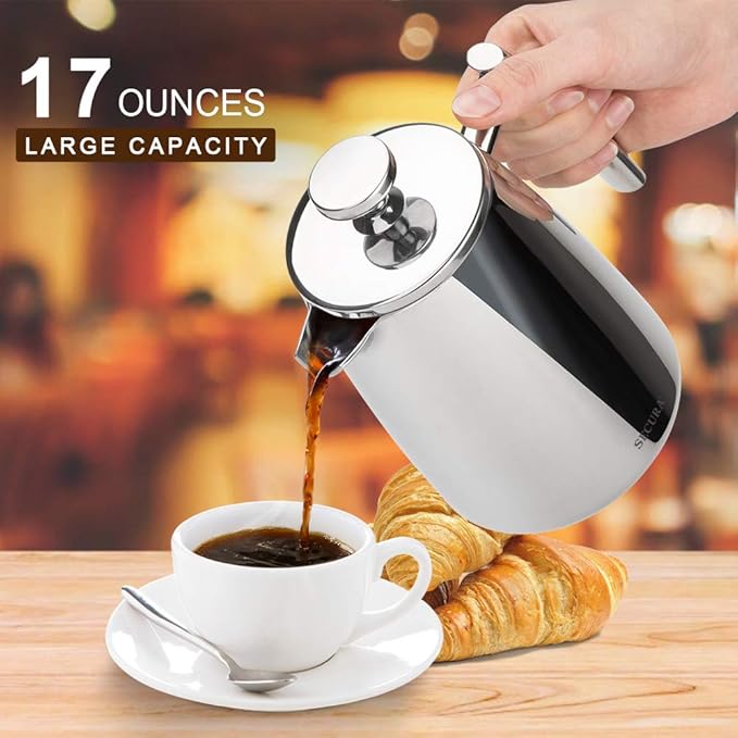 Secura French Press Coffee Maker, 17-Ounce, 304 Stainless Steel Insulated Coffee Press with Extra Screen