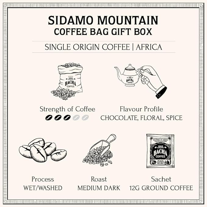 Bacha Coffee | Sidamo Mountain Ethiopia Single Origin, Medium Dark Roast, 100% Arabica Specialty Coffee, 12 Coffee Drip Bags, Gift Box