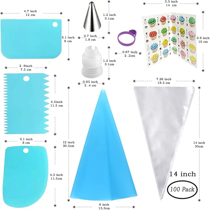 14 Inch Piping Bags and Tips Set - 100Pcs Disposable Pastry Bags with Tips for Cupcakes, Cookies, Frosting & Icing, Cake Decorating Tools with Frosting Nozzles Baking Supplies for Home, Kitchen Use