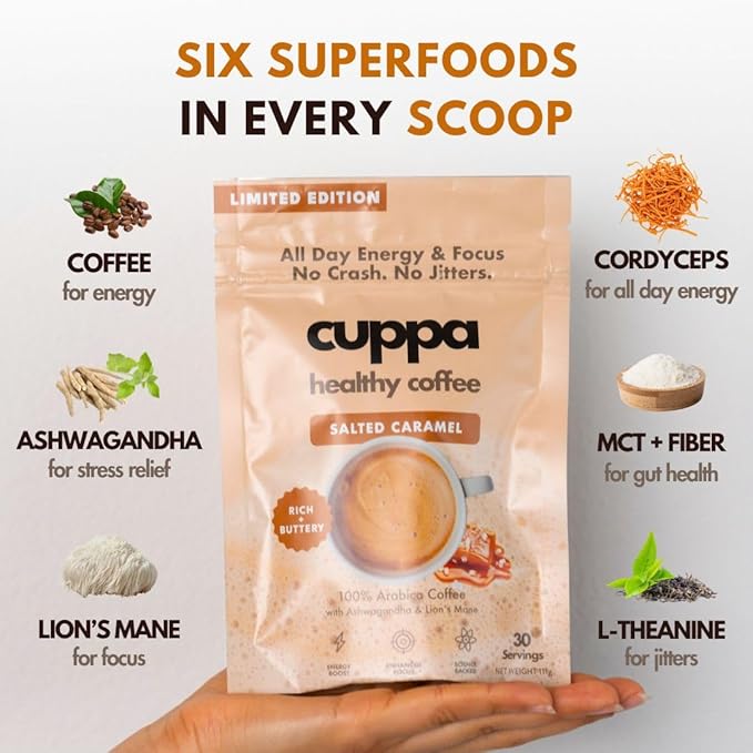 Cuppa Salted Caramel Healthy Mushroom Instant Coffee with Lion's Mane & Ashwagandha for All Day Energy & Focus - No Crash or Jitters - Nootropics for Brain Health, Gut Health, Immunity, Stress, Memory + Mood - 60 Servings