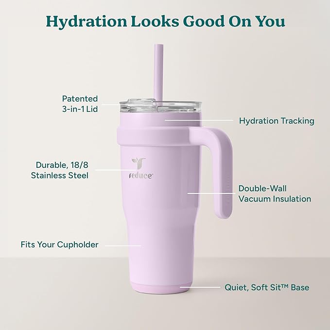 REDUCE 24 oz Stainless Steel Tumbler with Handle - Dual-Wall Vacuum Insulated Travel Mug, Sweat-Proof Lid & Reusable Straw - Keeps Drinks Cold for 24 Hrs, Fits Cupholders, Dishwasher Safe - Lilac Bud