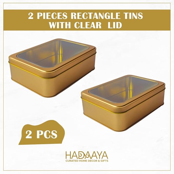 Pack of 2 Gold Rectangular Tin Container With Clear Lid, Multipurpose Tin Box, Festive Tin Box for Gift Giving, Cookies, Stationery & More - 7.25 x 5.25 x 2.25 Inches