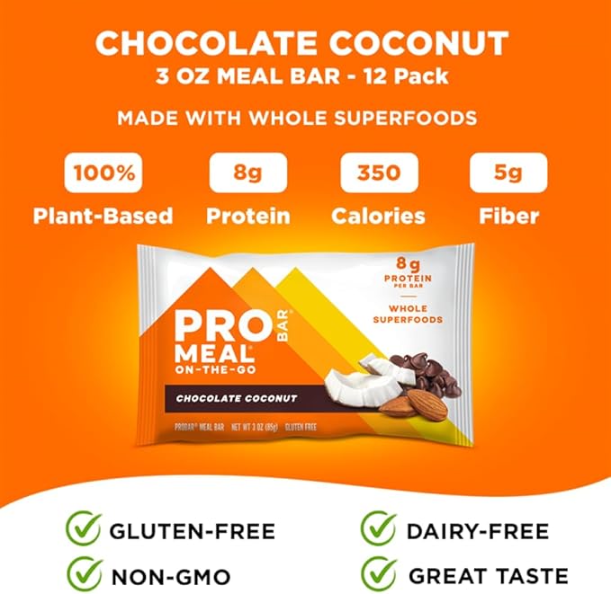 PROBAR - MEAL Bar, Chocolate Coconut, Non-GMO, Gluten-Free, Healthy, Plant-Based, Whole-Food Ingredients, Natural Energy (12 Count)