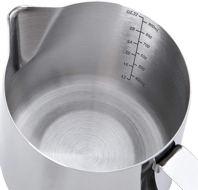Milk Frothing Pitcher Cup, 32oz/900ML Milk Frother Cup Stainless Steel Steaming Pitcher Milk Jug Coffee Latte Art Cappuccino Espresso Machine Accessories Barista Steam Pitchers Attached Dessert Spoons
