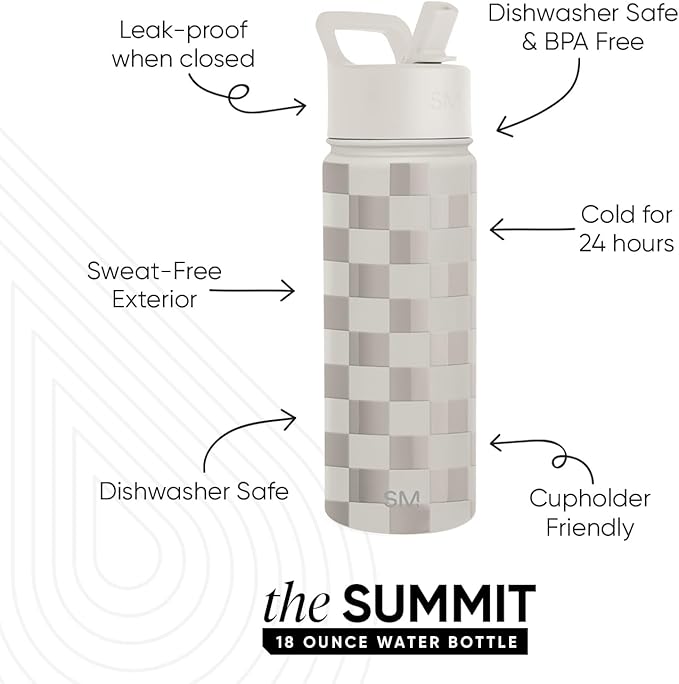 Simple Modern Kids Water Bottle with Straw Lid Vacuum Insulated Stainless Steel Metal Thermos Bottles | Reusable Leak Proof BPA-Free Flask for School | Summit Collection | 18oz, Checkmate