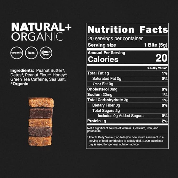 CAFF All Natural Energy Bites - Caffeinated Peanut Butter Bite for Energy Boost - 65mg Caffeine Peanut Butter Bars – 20 Calorie Organic Caffeine Snacks - Gluten-Free, Keto (20 Bites)