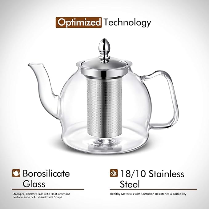 HIWARE 1500ml Glass Teapot with Removable Infuser, Stovetop Safe Tea Kettle, Blooming and Loose Leaf Tea Maker Set