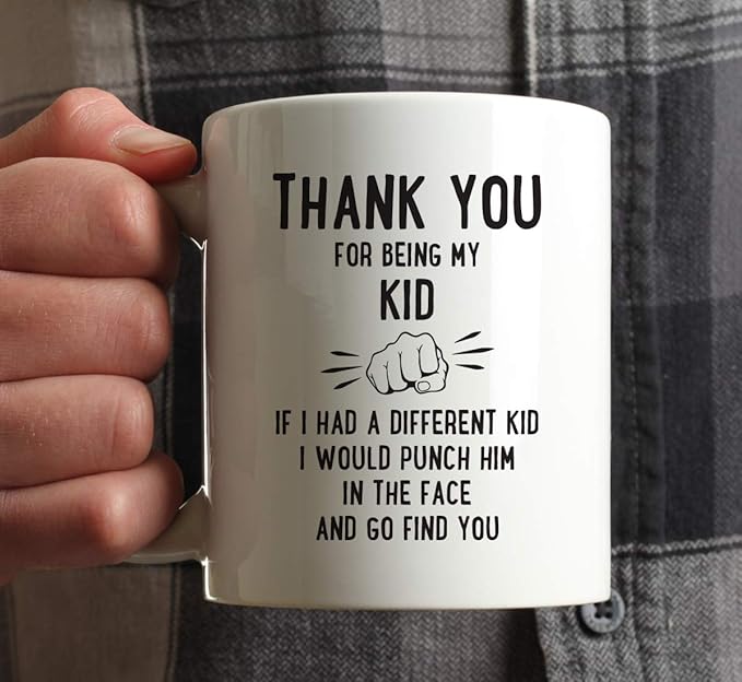 Andaz Press Funny Family 11oz. Coffee Mug Gift, Thank You for Being My Kid, Punch in Face, 1-Pack, Christmas Birthday Drinking Cup Present Ideas