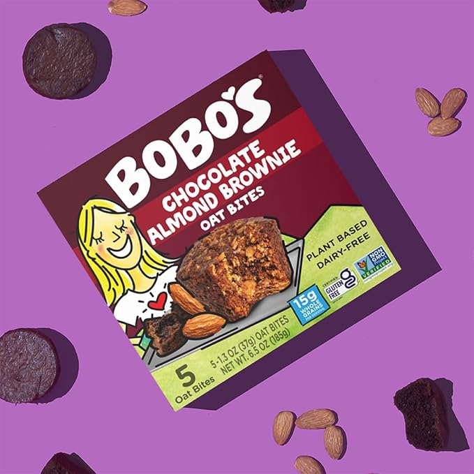 Bobo's Oat Bites (Almond Brownie, 30 Pack Box of 1.3 oz Bites) Gluten Free Whole Grain Rolled Oat Snack- Great Tasting Vegan On-The-Go Snack, Made in the USA