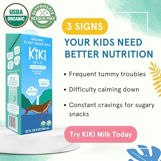 Kiki Milk Plant Based Milk - Organic Chocolate Milk - Calcium & Magnesium Source - Gluten Free, Gum Free, GMO Free, Dairy Free, Soy Free, Glyphosate Free - Shelf Stable - (32 oz • Pack of 6)