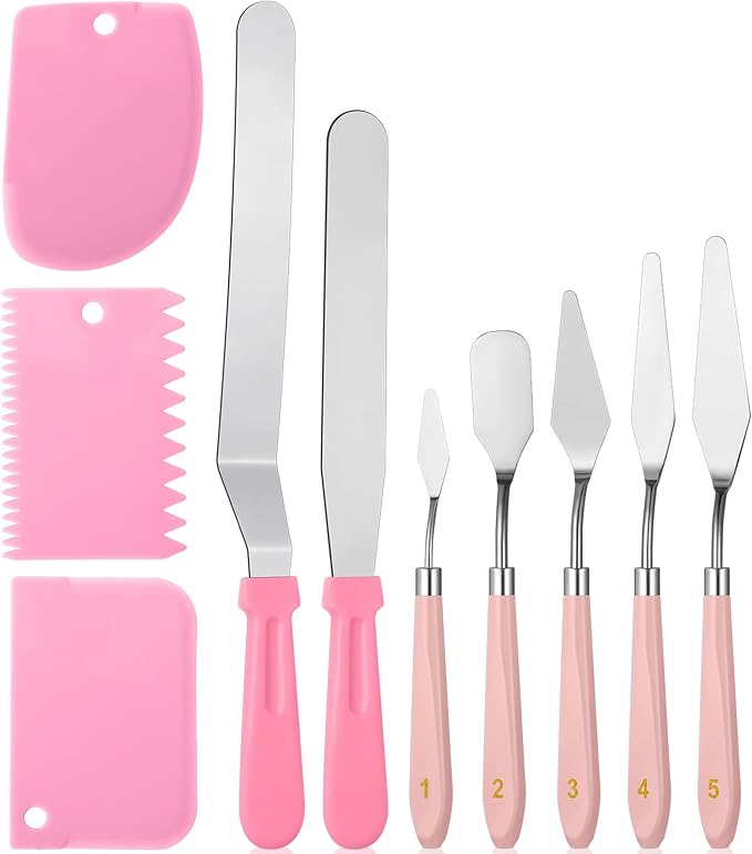 10 Pcs cake spatula set Decorating Kit Baking Supply Accessories Tools for Beginners and Pros Includes 2 Frosting Straight Angled Spatula 3 Icing Smoother Scrapers 5 Pieces Cream tools(Pink)