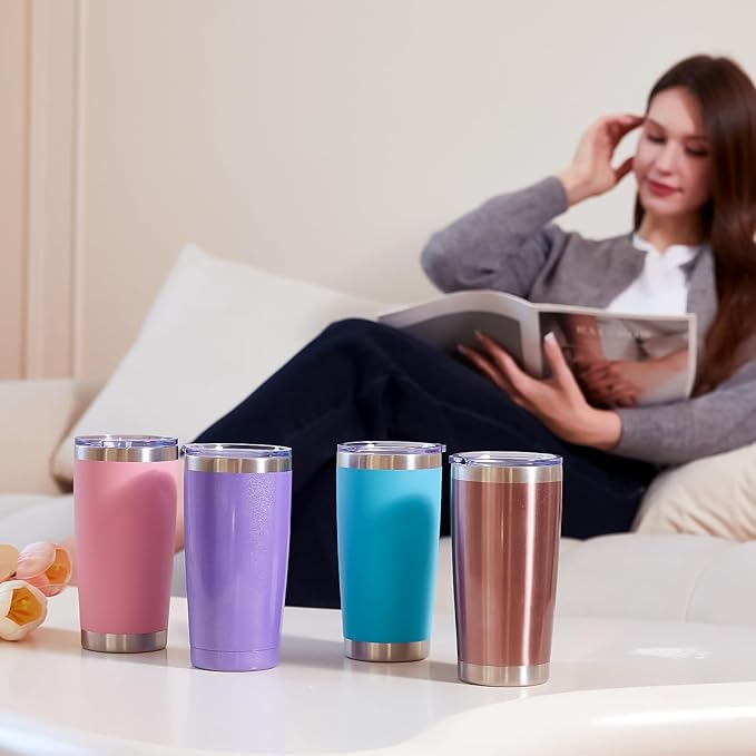 MEWAY 20oz Tumbler 8 Pack Double Wall Vacuum Insulated Travel Mug Bulk, Stainless Steel Tumblers with Lid and Straw, Durable Powder Coated Coffee Cups for Cold & Hot Drinks (Rose Gold, 8)
