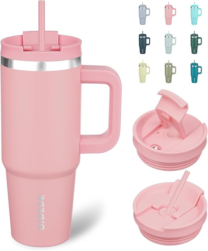 BJPKPK 30oz Stainless Steel Insulated Tumbler With Handle And Lid Straw Travel Coffee Mug Thermal Cup,Light Pink