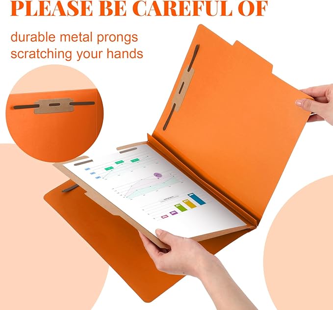 12 Pcs Classification Folders Letter Size, Back to School Supply for Teacher, Student, 1 Divider Pressboard File Folder Bulk with 2 Fasteners, 3.5 Inch Expanding File Organizer (Orange)