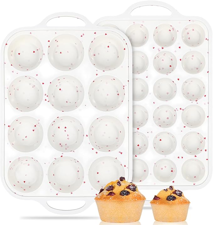 CAKETIME Silicone Muffin Pans for Baking, Metal Reinforced Frame Regular 24 Cups & Mini 12 Cups Cupcake Pan Nonstick Muffin Pan for Homemade Baking Easy to Handle