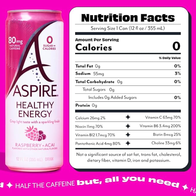 ASPIRE® Raspberry Acai, Healthy Energy Drink 80mg Natural Caffeine, Zero Sugar No Carbs Keto Friendly, 12 Pack Green Tea Sugar Free Drink Low Caffeine Zero Calorie